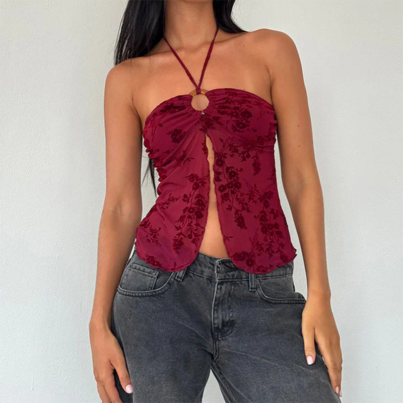 Zafira - Grunge Flower Flock Halterneck Top