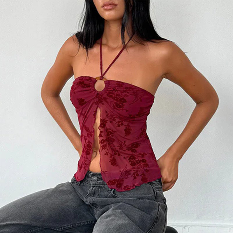 Zafira - Grunge Flower Flock Halterneck Top