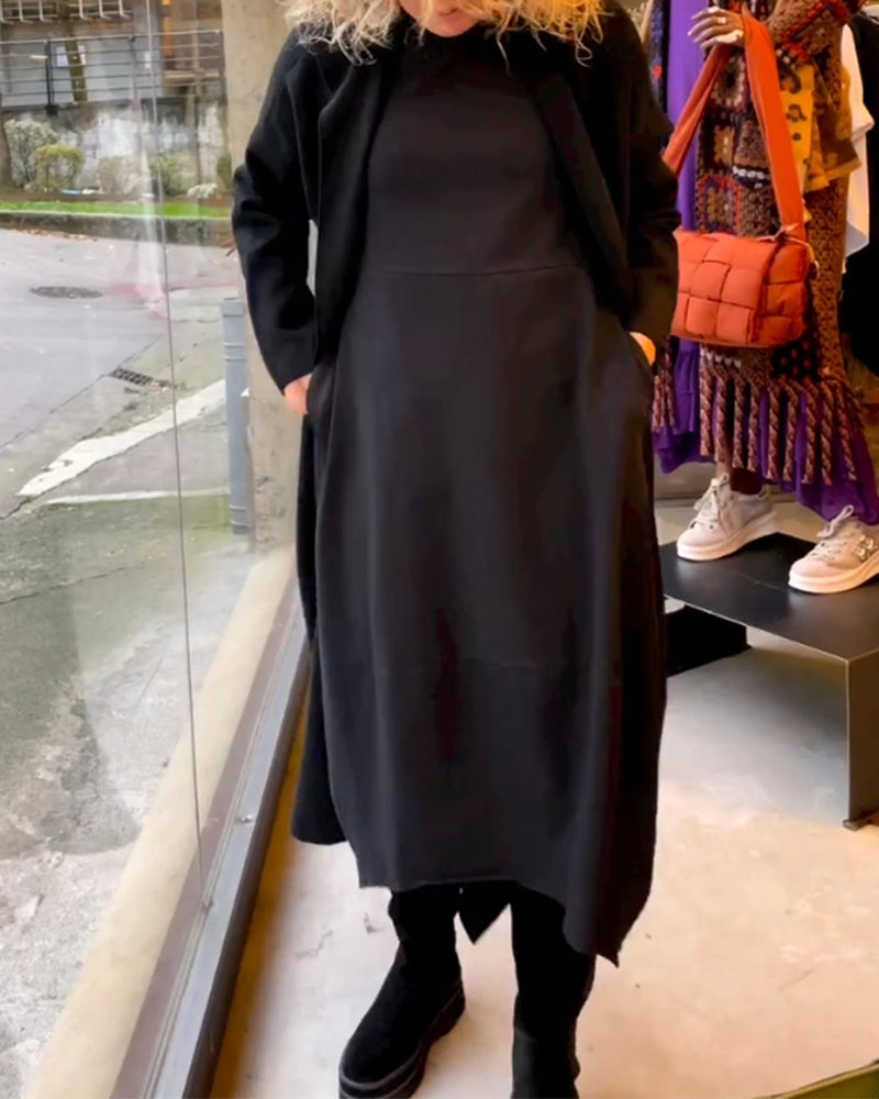 Clara - Schwarzes Midi-Kleid mit Taschen