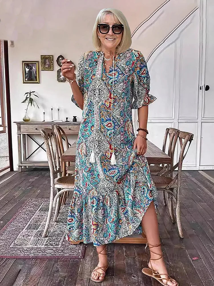 Carolette - Boho Kordelzug Maxi-Kleid