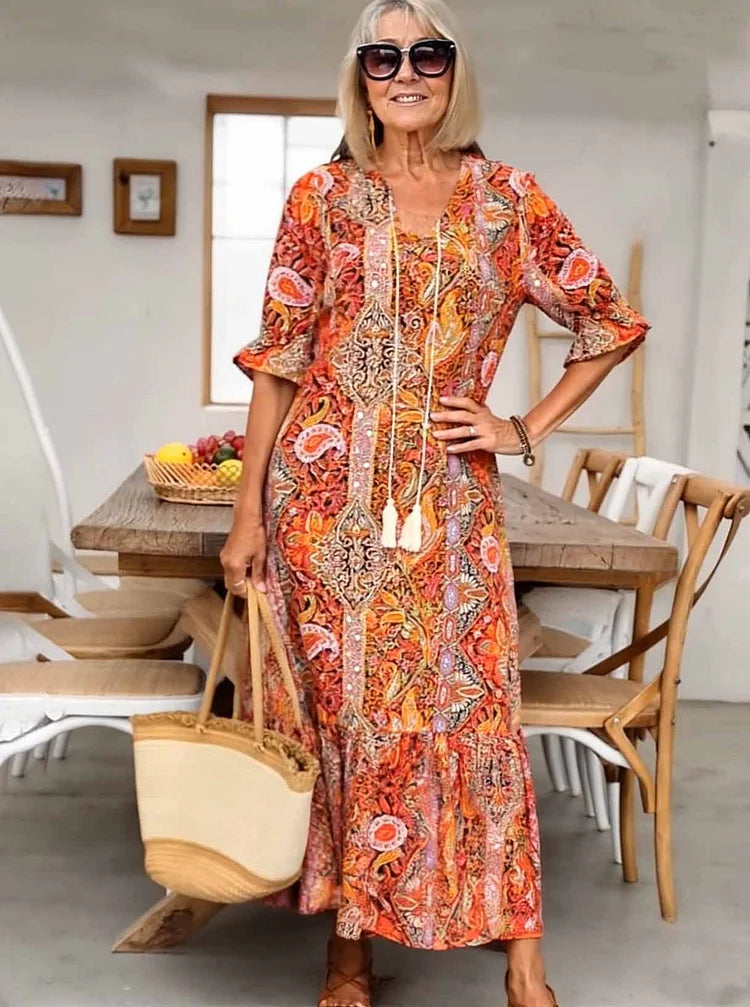Carolette - Boho Kordelzug Maxi-Kleid