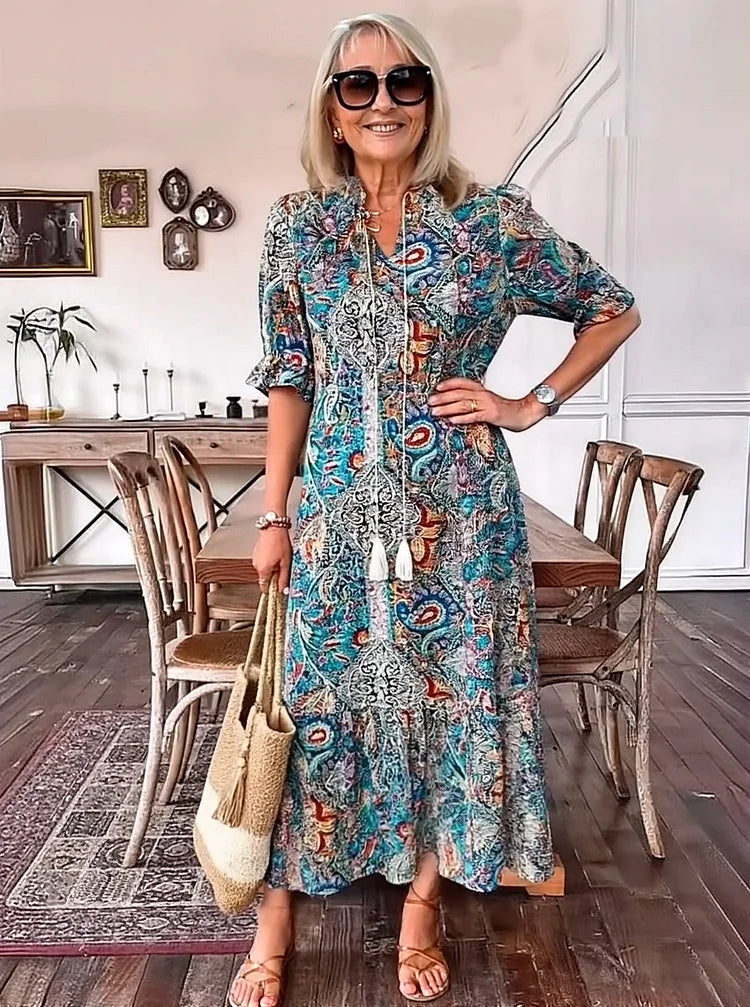 Carolette - Boho Kordelzug Maxi-Kleid