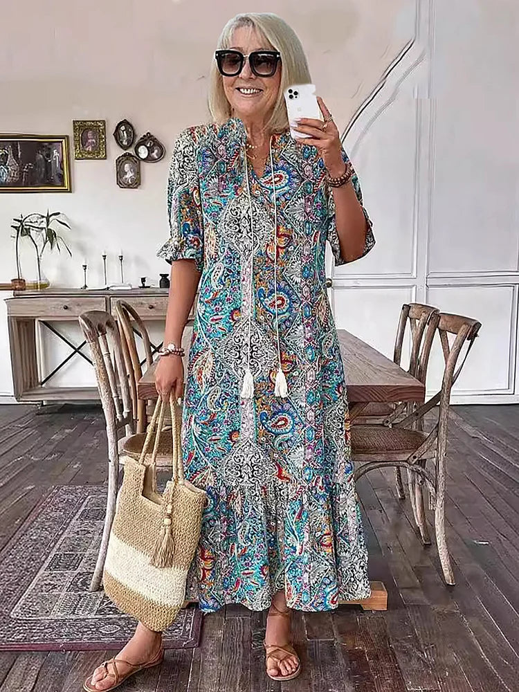 Carolette - Boho Kordelzug Maxi-Kleid