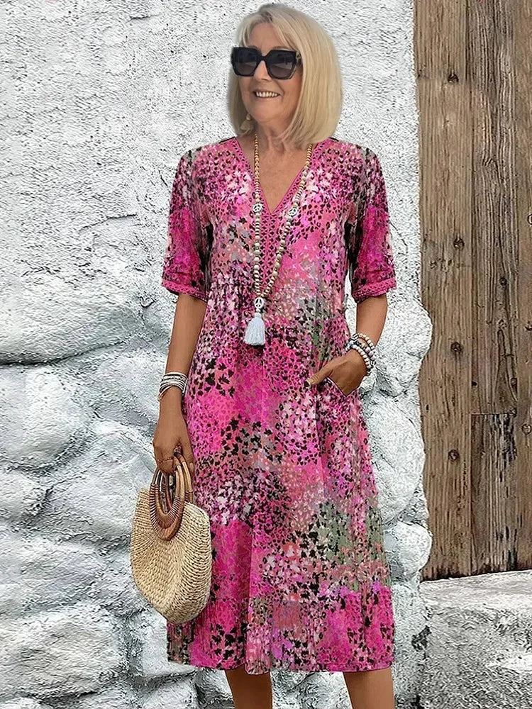 Emelith - Leoparden-Spitzen V-Ausschnitt Sommerkleid