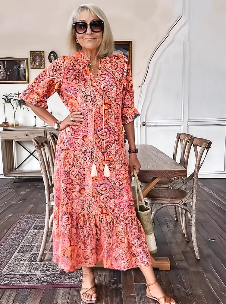 Carolette - Boho Kordelzug Maxi-Kleid