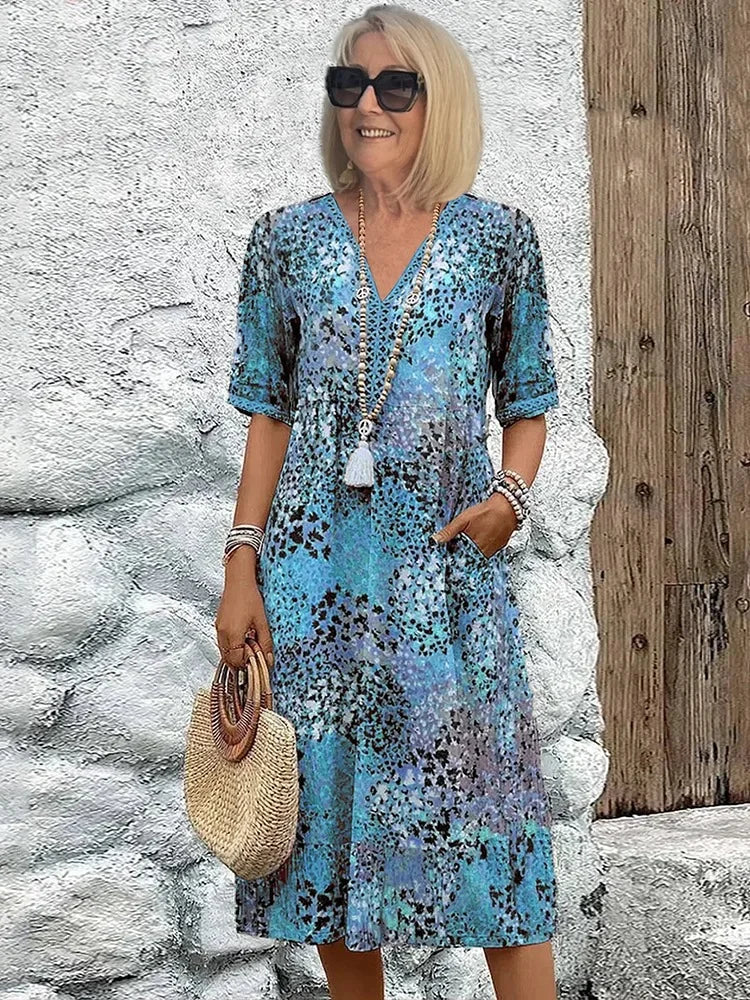 Emelith - Leoparden-Spitzen V-Ausschnitt Sommerkleid
