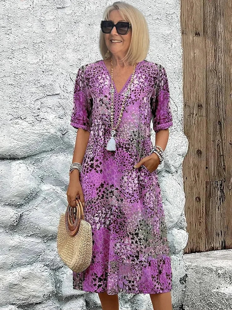 Emelith - Leoparden-Spitzen V-Ausschnitt Sommerkleid