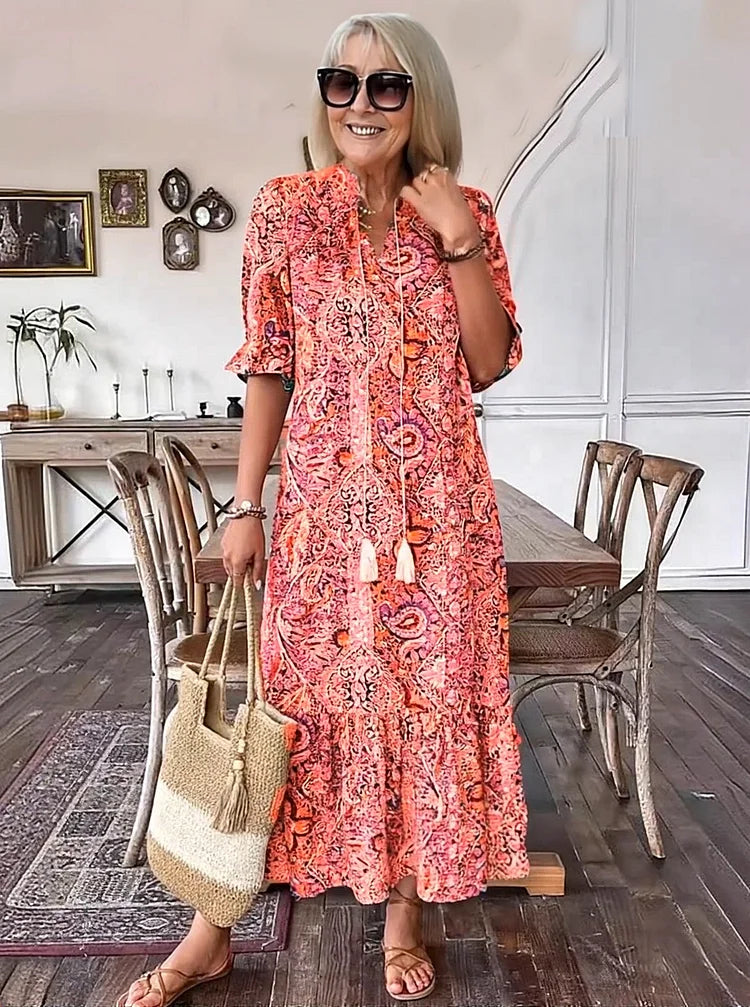 Carolette - Boho Kordelzug Maxi-Kleid
