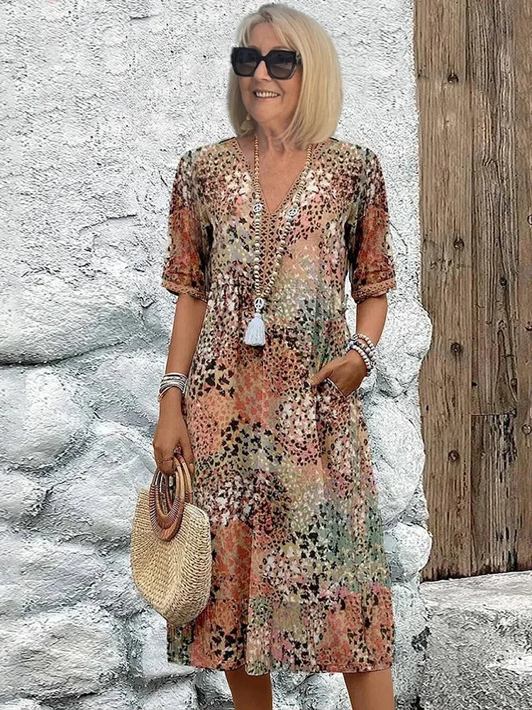 Emelith - Leoparden-Spitzen V-Ausschnitt Sommerkleid