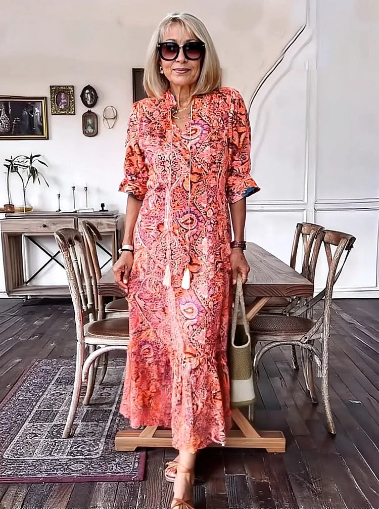 Carolette - Boho Kordelzug Maxi-Kleid
