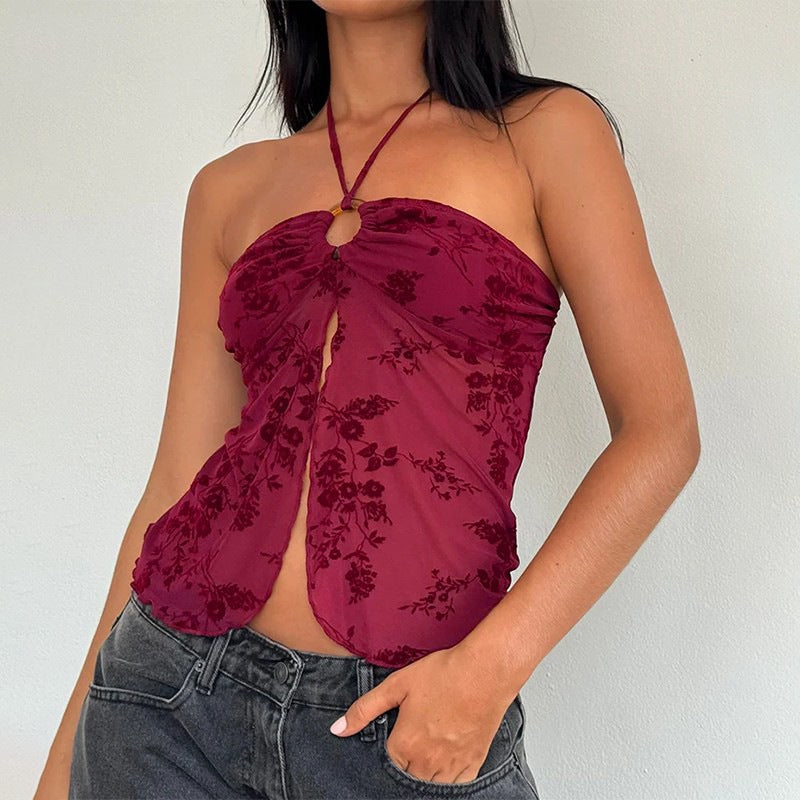 Zafira - Grunge Flower Flock Halterneck Top