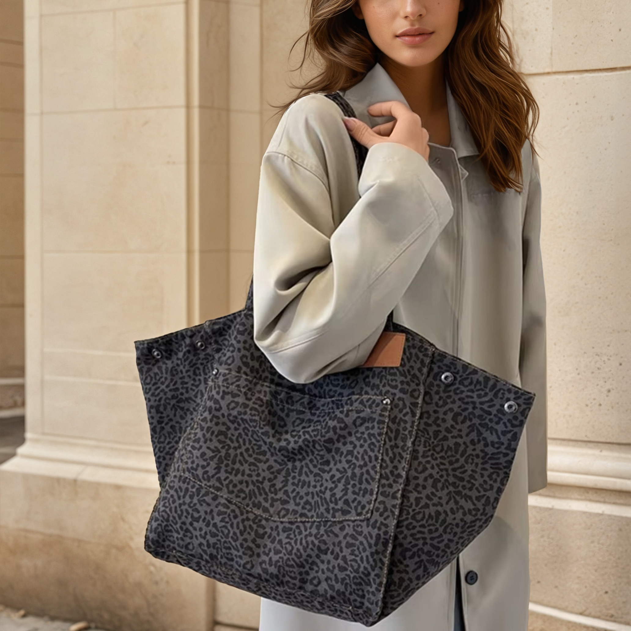 OLIVIA'S CHIC TOTE NERO – VINTAGE LEOPARD CANVAS BAG