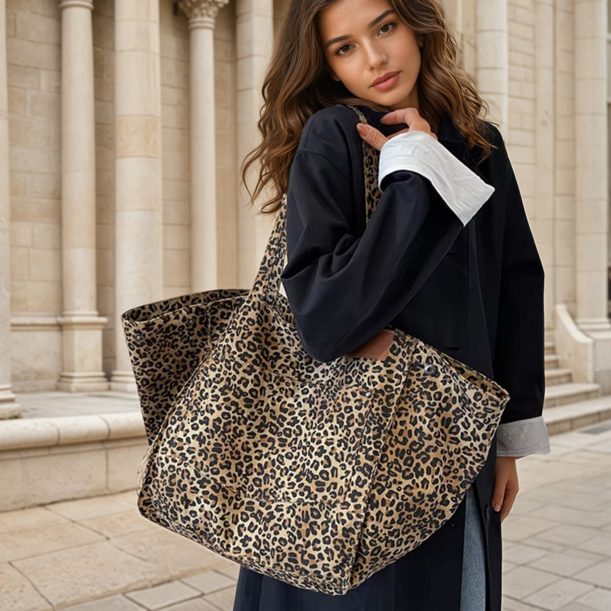 OLIVIA'S CHIC TOTE MARRONE – VINTAGE LEOPARD CANVAS BAG