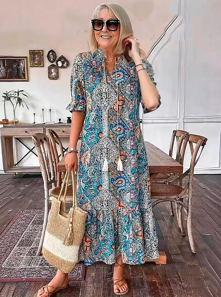 Carolette - Boho Kordelzug Maxi-Kleid