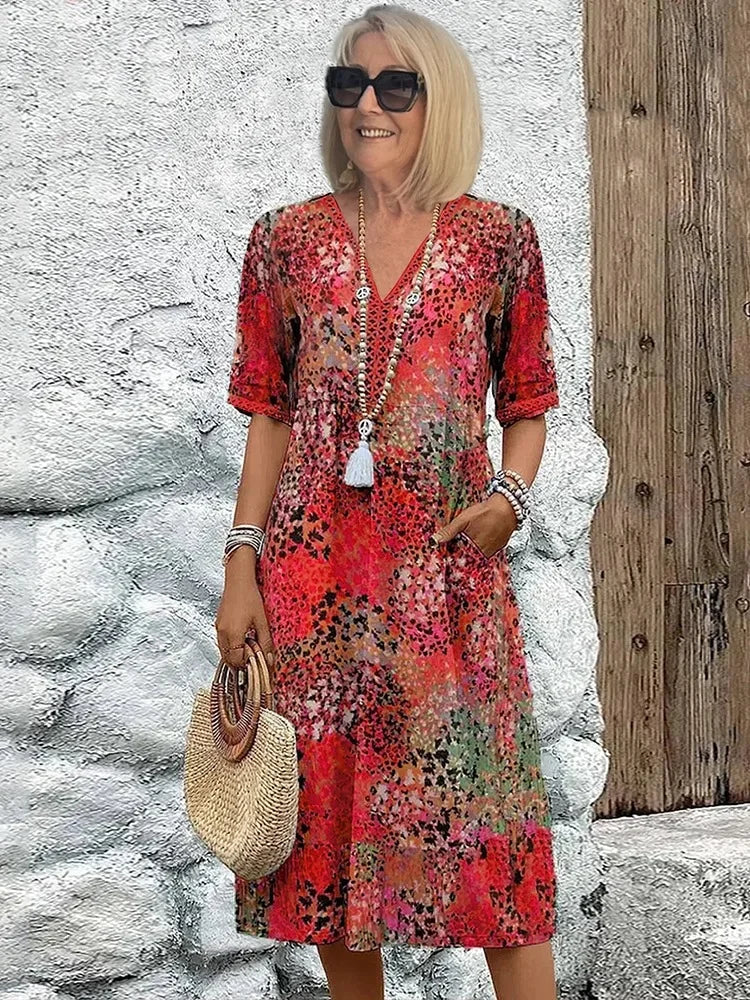 Emelith - Leoparden-Spitzen V-Ausschnitt Sommerkleid