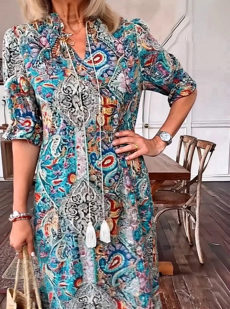 Carolette - Boho Kordelzug Maxi-Kleid