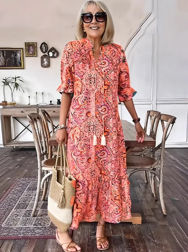 Carolette - Boho Kordelzug Maxi-Kleid