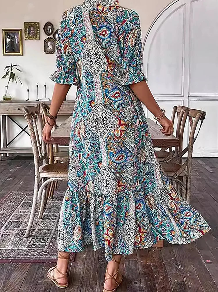 Carolette - Boho Kordelzug Maxi-Kleid